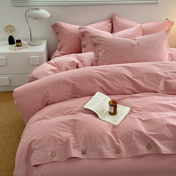 91家纺网 家纺一手货源 找家纺 yyds网供 2026新款A类仿汉麻棉麻纽扣款单品床单被套复古100%水洗棉无印风三件套酒店民宿 纽扣樱岚粉