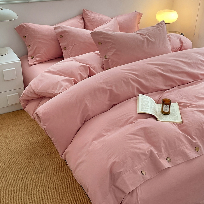 91家纺网 家纺一手货源 找家纺 yyds网供 2026新款A类仿汉麻棉麻纽扣款单品床单被套复古100%水洗棉无印风三件套酒店民宿 纽扣樱岚粉