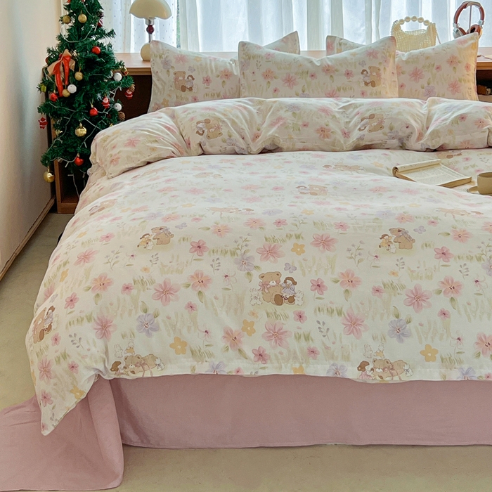 91家纺网 家纺一手货源 找家纺 一比一家纺 2026新款全棉双层纱四件套 维尼熊