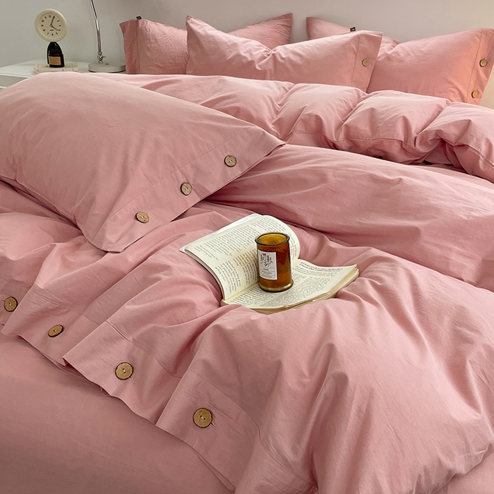 91家纺网 家纺一手货源 找家纺 yyds网供 2026新款A类仿汉麻棉麻纽扣款单品床单被套复古100%水洗棉无印风三件套酒店民宿 纽扣樱岚粉