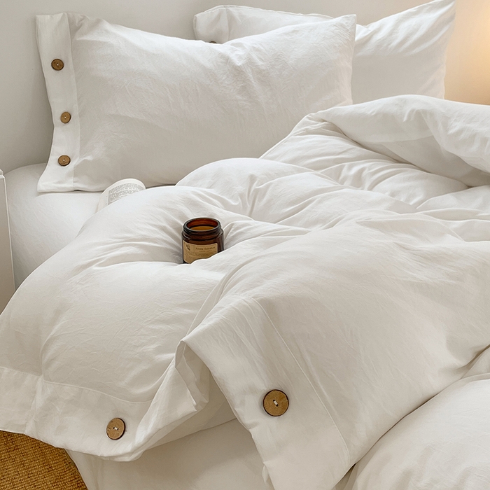 91家纺网 家纺一手货源 找家纺 yyds网供 2026新款A类仿汉麻棉麻纽扣款单品床单被套复古100%水洗棉无印风三件套酒店民宿 纽扣月光白