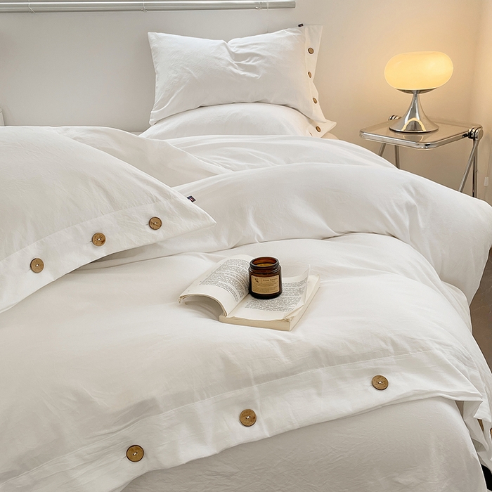 91家纺网 家纺一手货源 找家纺 yyds网供 2026新款A类仿汉麻棉麻纽扣款单品床单被套复古100%水洗棉无印风三件套酒店民宿 纽扣月光白