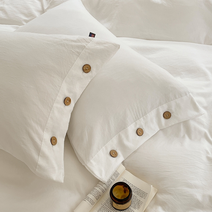 91家纺网 家纺一手货源 找家纺 yyds网供 2026新款A类仿汉麻棉麻纽扣款单品床单被套复古100%水洗棉无印风三件套酒店民宿 纽扣月光白