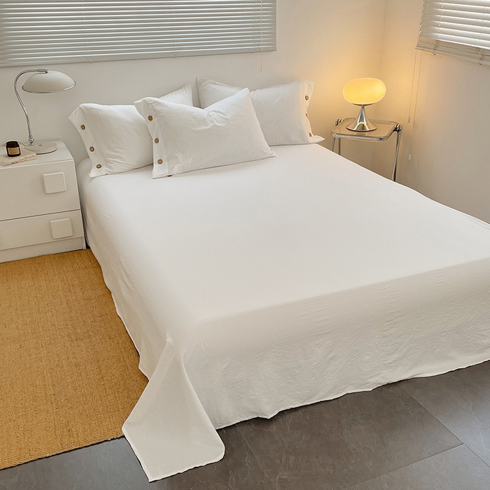 91家纺网 家纺一手货源 找家纺 yyds网供 2026新款A类仿汉麻棉麻纽扣款单品床单被套复古100%水洗棉无印风三件套酒店民宿 纽扣月光白