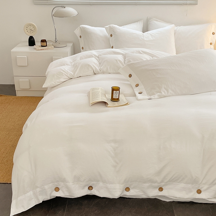 91家纺网 家纺一手货源 找家纺 yyds网供 2026新款A类仿汉麻棉麻纽扣款单品床单被套复古100%水洗棉无印风三件套酒店民宿 纽扣月光白