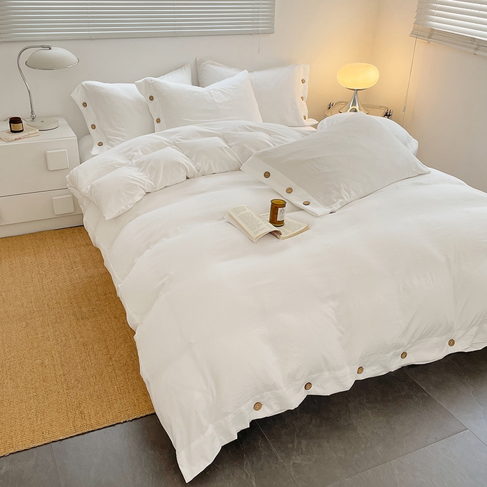 91家纺网 家纺一手货源 找家纺 yyds网供 2026新款A类仿汉麻棉麻纽扣款单品床单被套复古100%水洗棉无印风三件套酒店民宿 纽扣月光白