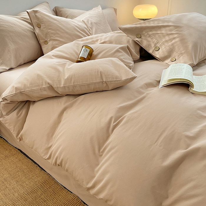 91家纺网 家纺一手货源 找家纺 yyds网供 2026新款A类仿汉麻棉麻纽扣款四件套复古水洗棉无印风三件套酒店民宿 纽扣奶油咖