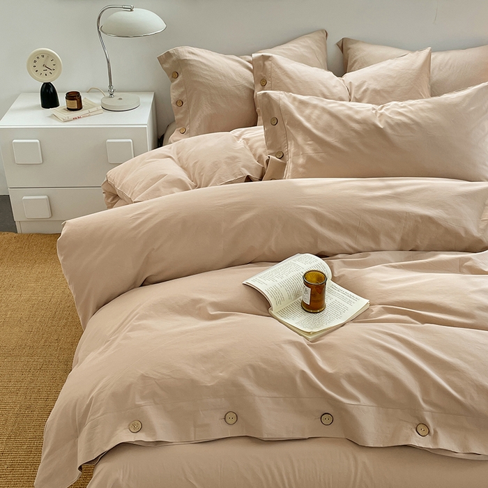 91家纺网 家纺一手货源 找家纺 yyds网供 2026新款A类仿汉麻棉麻纽扣款四件套复古水洗棉无印风三件套酒店民宿 纽扣奶油咖