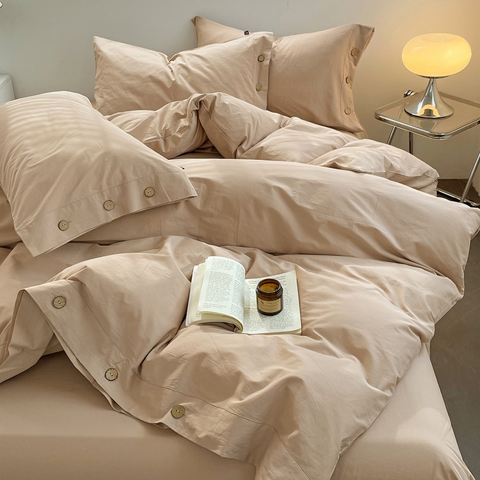 91家纺网 家纺一手货源 找家纺 yyds网供 2026新款A类仿汉麻棉麻纽扣款四件套复古水洗棉无印风三件套酒店民宿 纽扣奶油咖