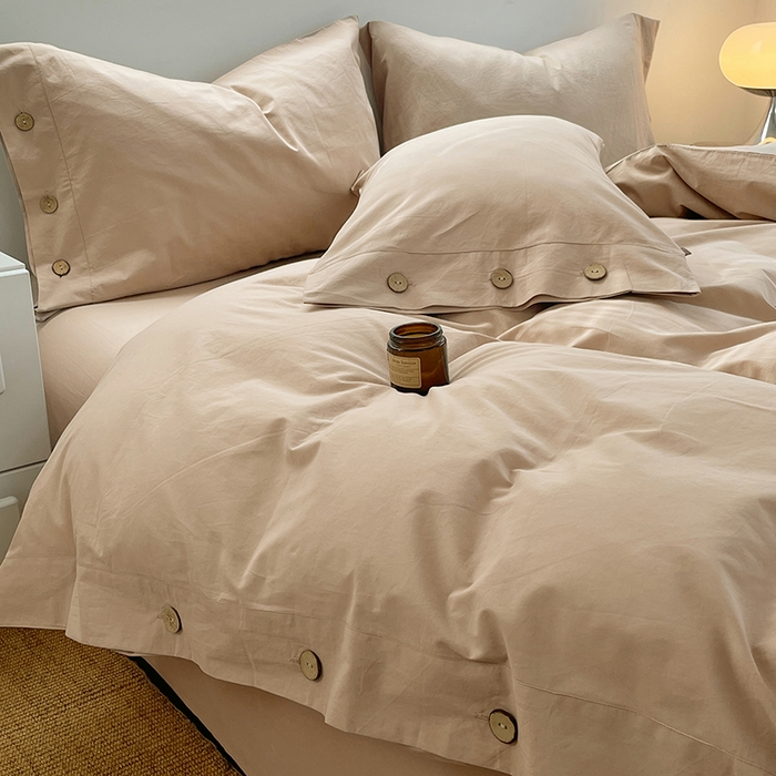 91家纺网 家纺一手货源 找家纺 yyds网供 2026新款A类仿汉麻棉麻纽扣款四件套复古水洗棉无印风三件套酒店民宿 纽扣奶油咖