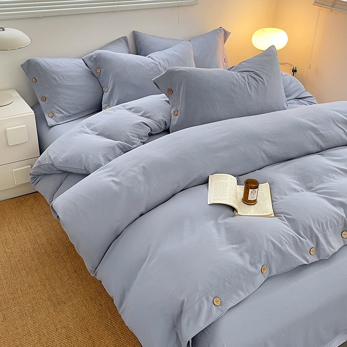 91家纺网 家纺一手货源 找家纺 yyds网供 2026新款A类仿汉麻棉麻纽扣款四件套复古水洗棉无印风三件套酒店民宿 纽扣牛仔兰