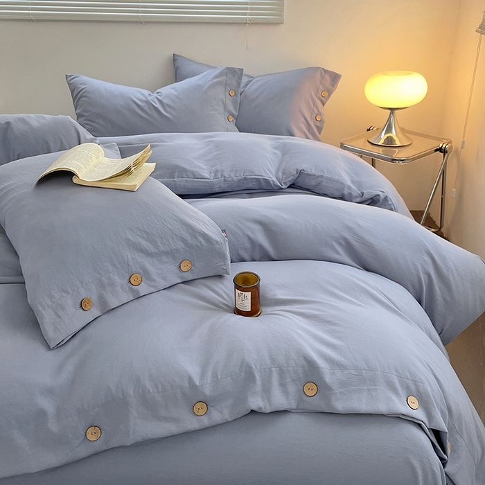 91家纺网 家纺一手货源 找家纺 yyds网供 2026新款A类仿汉麻棉麻纽扣款四件套复古水洗棉无印风三件套酒店民宿 纽扣牛仔兰