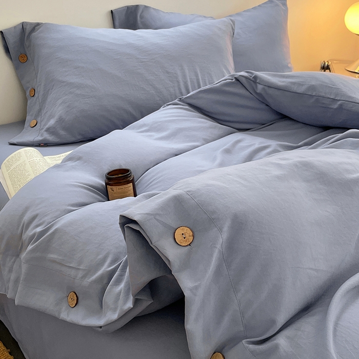 91家纺网 家纺一手货源 找家纺 yyds网供 2026新款A类仿汉麻棉麻纽扣款四件套复古水洗棉无印风三件套酒店民宿 纽扣牛仔兰