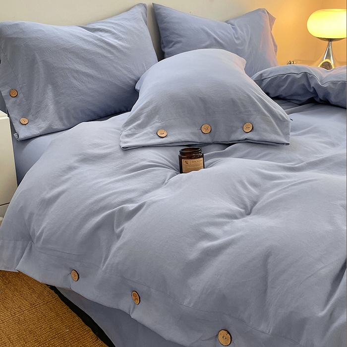 91家纺网 家纺一手货源 找家纺 yyds网供 2026新款A类仿汉麻棉麻纽扣款四件套复古水洗棉无印风三件套酒店民宿 纽扣牛仔兰