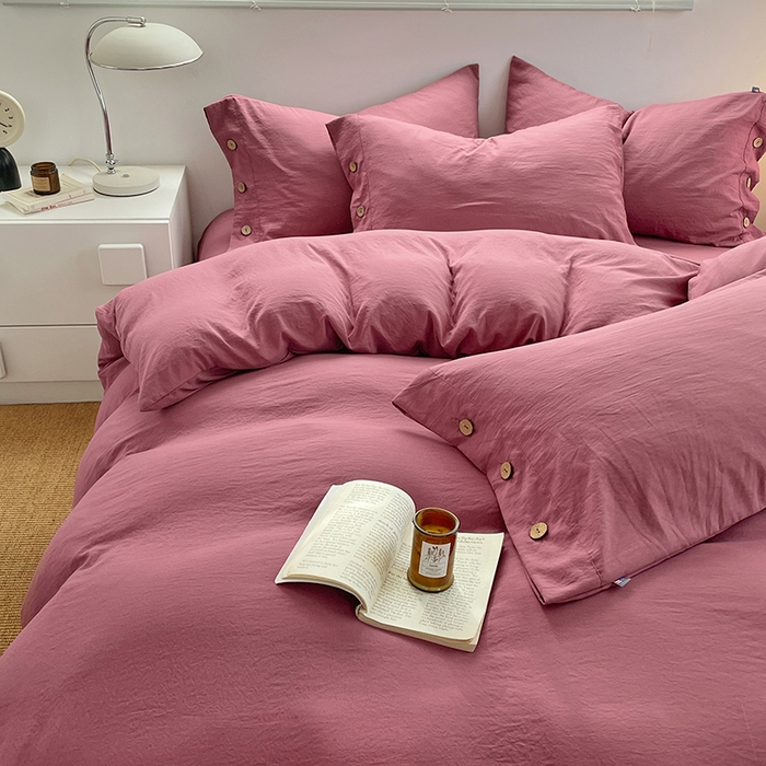 91家纺网 家纺一手货源 找家纺 yyds网供 2026新款A类仿汉麻棉麻纽扣款四件套复古水洗棉无印风三件套酒店民宿 纽扣珊瑚红