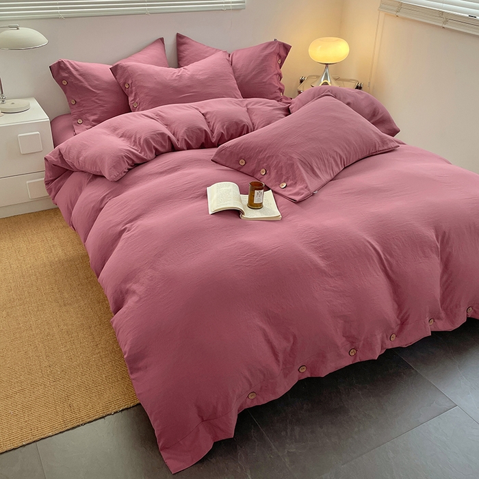 91家纺网 家纺一手货源 找家纺 yyds网供 2026新款A类仿汉麻棉麻纽扣款四件套复古水洗棉无印风三件套酒店民宿 纽扣珊瑚红