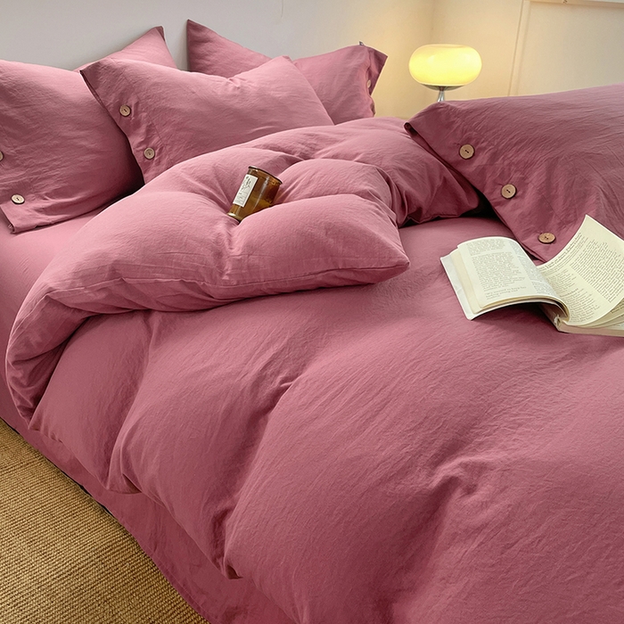 91家纺网 家纺一手货源 找家纺 yyds网供 2026新款A类仿汉麻棉麻纽扣款四件套复古水洗棉无印风三件套酒店民宿 纽扣珊瑚红