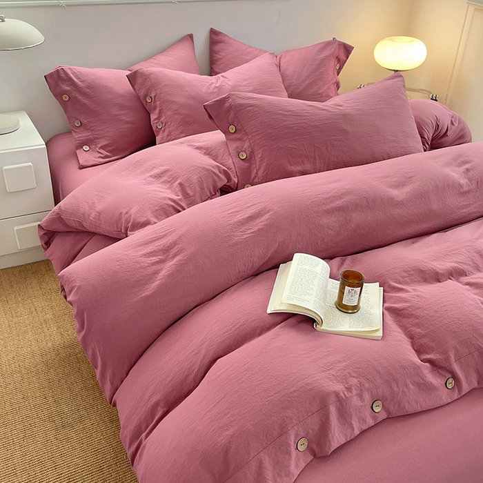 91家纺网 家纺一手货源 找家纺 yyds网供 2026新款A类仿汉麻棉麻纽扣款四件套复古水洗棉无印风三件套酒店民宿 纽扣珊瑚红