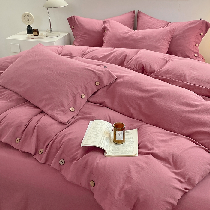 91家纺网 家纺一手货源 找家纺 yyds网供 2026新款A类仿汉麻棉麻纽扣款四件套复古水洗棉无印风三件套酒店民宿 纽扣珊瑚红