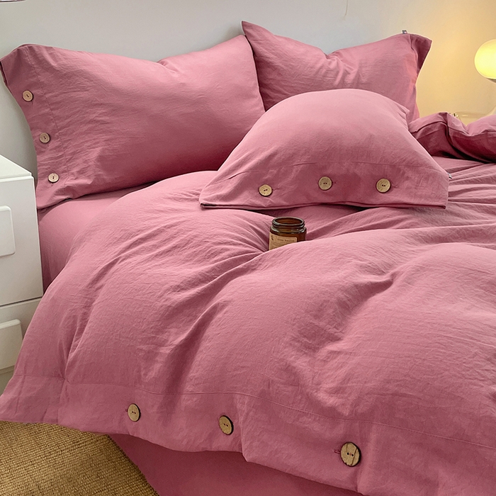 91家纺网 家纺一手货源 找家纺 yyds网供 2026新款A类仿汉麻棉麻纽扣款四件套复古水洗棉无印风三件套酒店民宿 纽扣珊瑚红