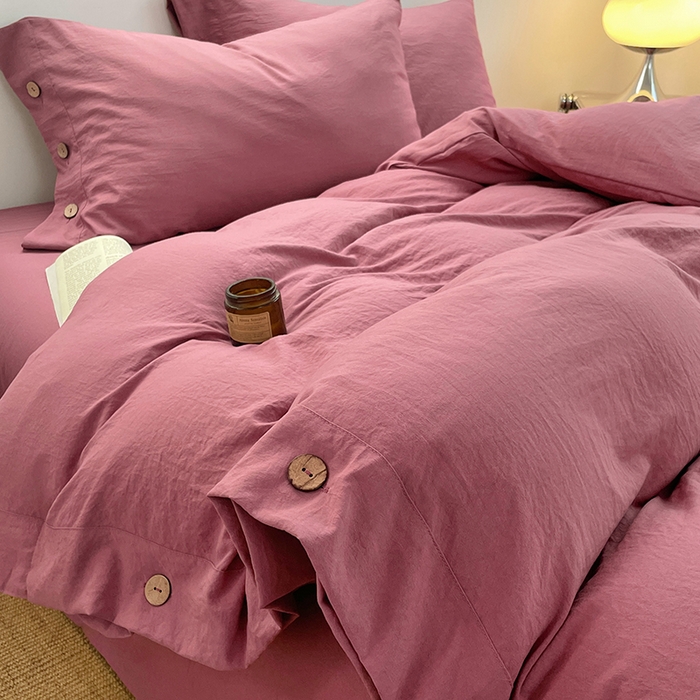 91家纺网 家纺一手货源 找家纺 yyds网供 2026新款A类仿汉麻棉麻纽扣款四件套复古水洗棉无印风三件套酒店民宿 纽扣珊瑚红