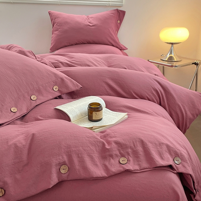 91家纺网 家纺一手货源 找家纺 yyds网供 2026新款A类仿汉麻棉麻纽扣款四件套复古水洗棉无印风三件套酒店民宿 纽扣珊瑚红