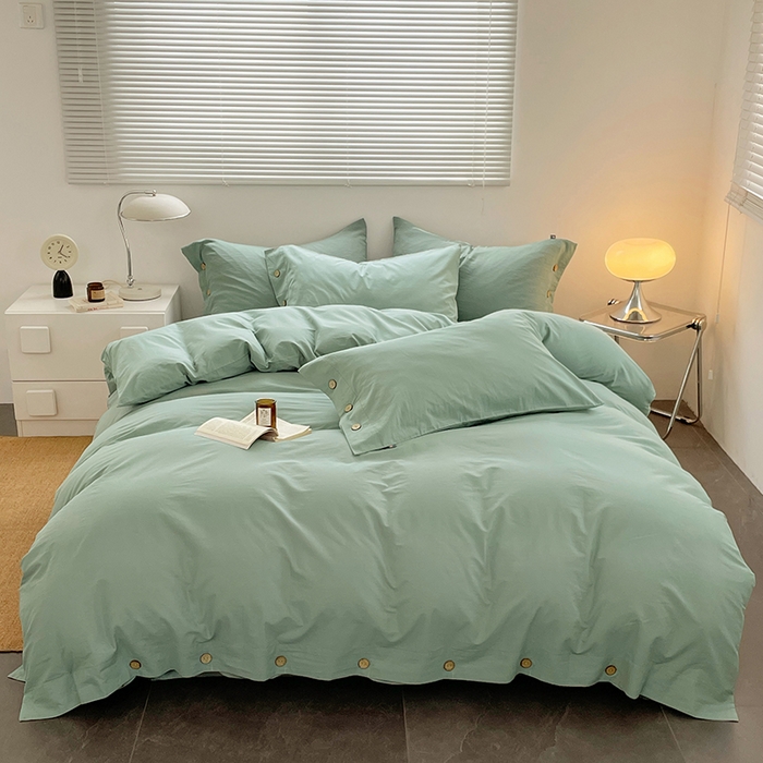 yyds网供 2026新款A类仿汉麻棉麻纽扣款四件套复古水洗棉无印风三件套酒店民宿 纽扣松石绿