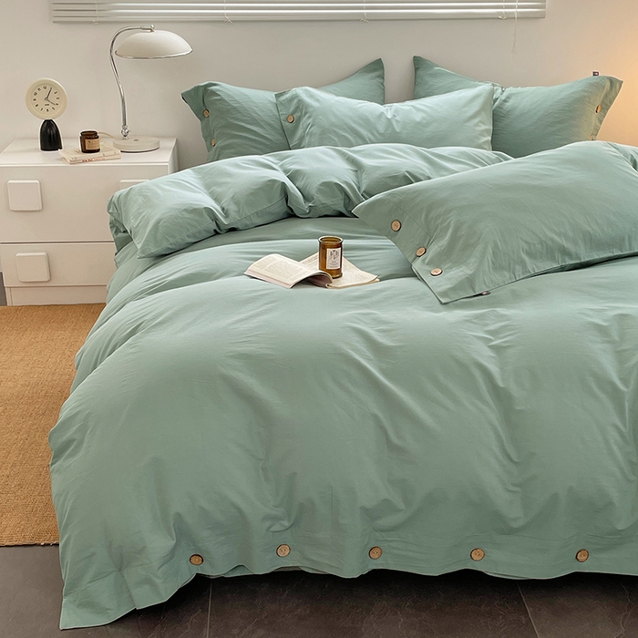 91家纺网 家纺一手货源 找家纺 yyds网供 2026新款A类仿汉麻棉麻纽扣款四件套复古水洗棉无印风三件套酒店民宿 纽扣松石绿