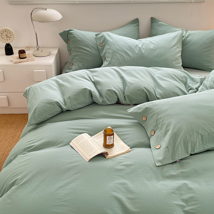 91家纺网 家纺一手货源 找家纺 yyds网供 2026新款A类仿汉麻棉麻纽扣款四件套复古水洗棉无印风三件套酒店民宿 纽扣松石绿