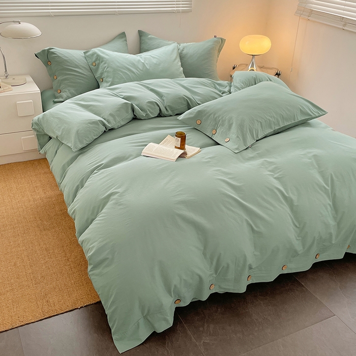 91家纺网 家纺一手货源 找家纺 yyds网供 2026新款A类仿汉麻棉麻纽扣款四件套复古水洗棉无印风三件套酒店民宿 纽扣松石绿