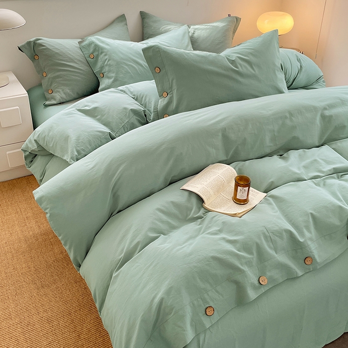 91家纺网 家纺一手货源 找家纺 yyds网供 2026新款A类仿汉麻棉麻纽扣款四件套复古水洗棉无印风三件套酒店民宿 纽扣松石绿