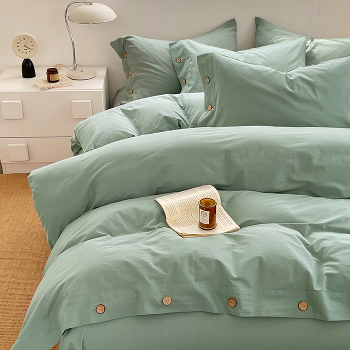 91家纺网 家纺一手货源 找家纺 yyds网供 2026新款A类仿汉麻棉麻纽扣款四件套复古水洗棉无印风三件套酒店民宿 纽扣松石绿