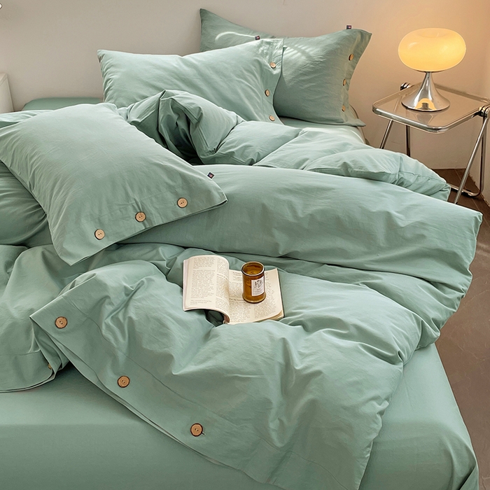 91家纺网 家纺一手货源 找家纺 yyds网供 2026新款A类仿汉麻棉麻纽扣款四件套复古水洗棉无印风三件套酒店民宿 纽扣松石绿