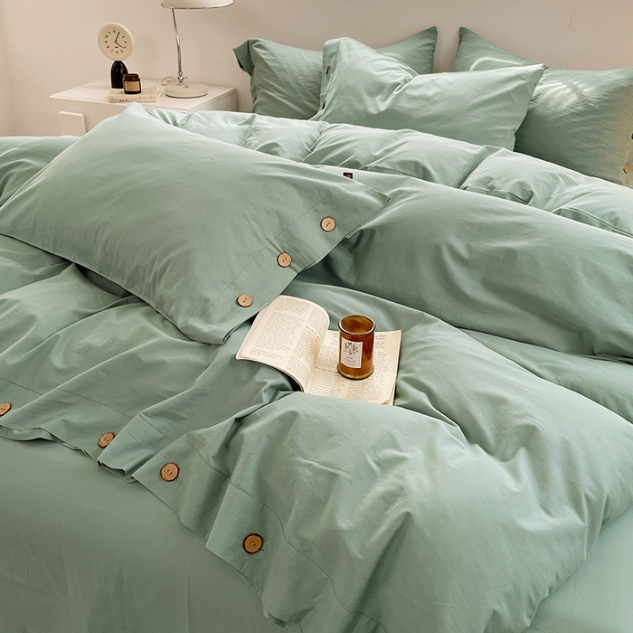 91家纺网 家纺一手货源 找家纺 yyds网供 2026新款A类仿汉麻棉麻纽扣款四件套复古水洗棉无印风三件套酒店民宿 纽扣松石绿