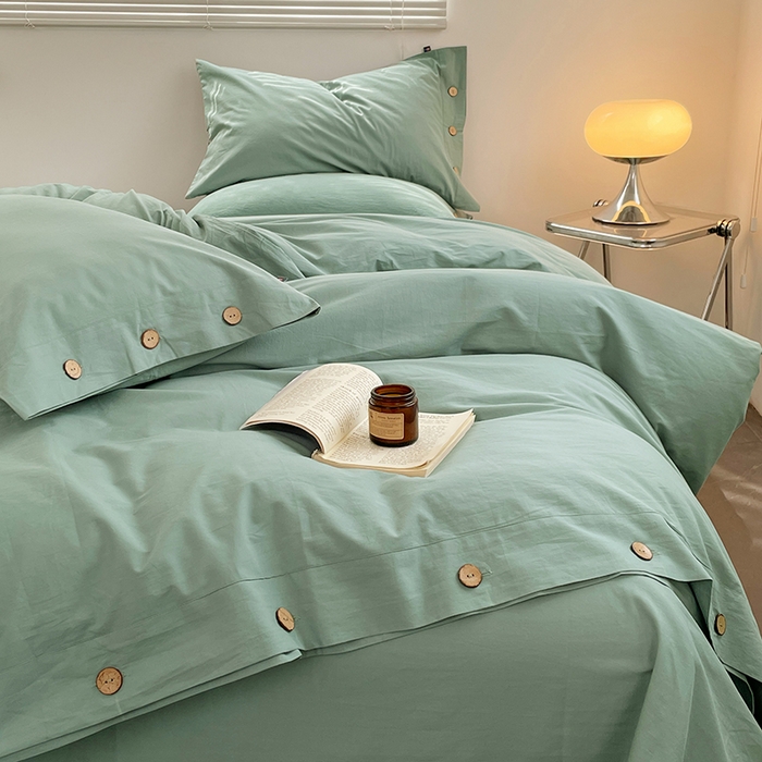 91家纺网 家纺一手货源 找家纺 yyds网供 2026新款A类仿汉麻棉麻纽扣款四件套复古水洗棉无印风三件套酒店民宿 纽扣松石绿