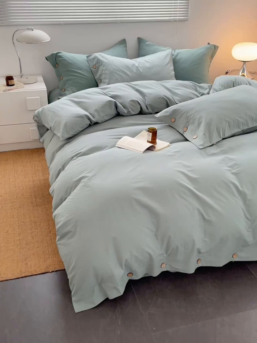 91家纺网 家纺一手货源 找家纺 yyds网供 2026新款A类仿汉麻棉麻纽扣款四件套复古水洗棉无印风三件套酒店民宿 纽扣松石绿