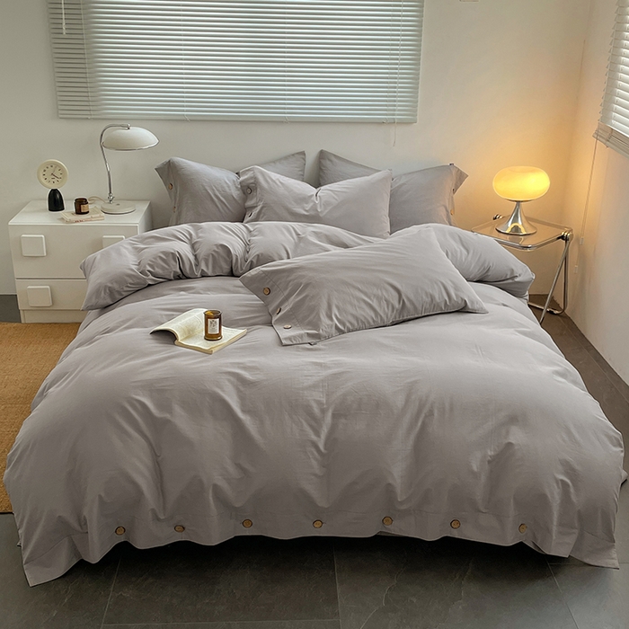 yyds网供 2026新款A类仿汉麻棉麻纽扣款四件套复古水洗棉无印风三件套酒店民宿 纽扣烟雨灰