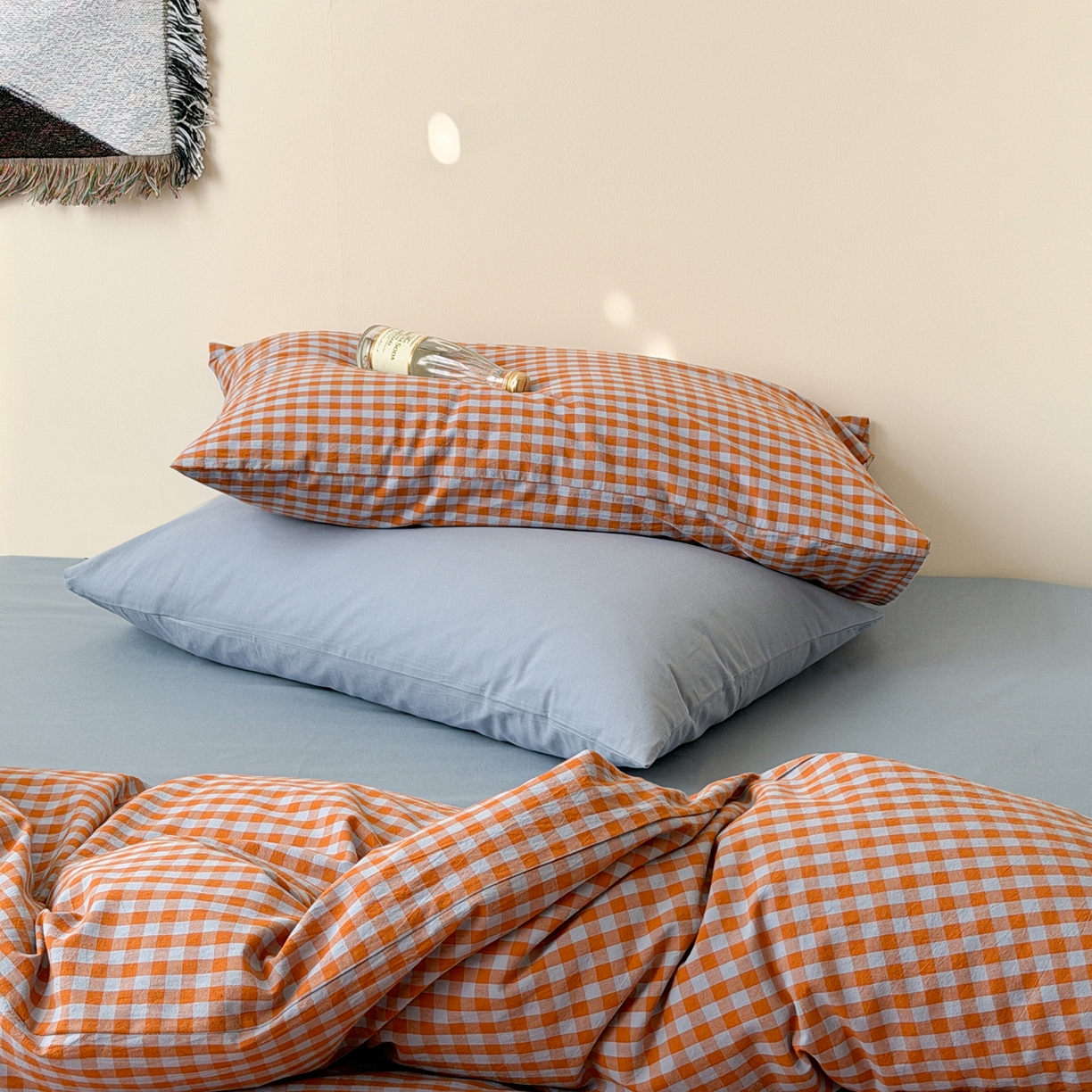 91家纺网 家纺一手货源 找家纺 例外 2026春夏新款全棉纯棉色织水洗棉四件套-布拉格（套件会员 -10） 布拉格-橘兰