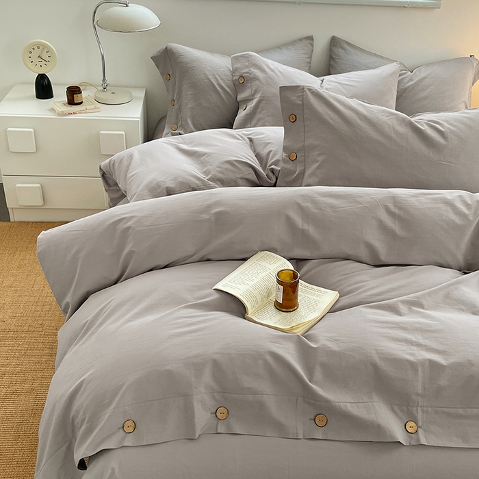 91家纺网 家纺一手货源 找家纺 yyds网供 2026新款A类仿汉麻棉麻纽扣款四件套复古水洗棉无印风三件套酒店民宿 纽扣烟雨灰