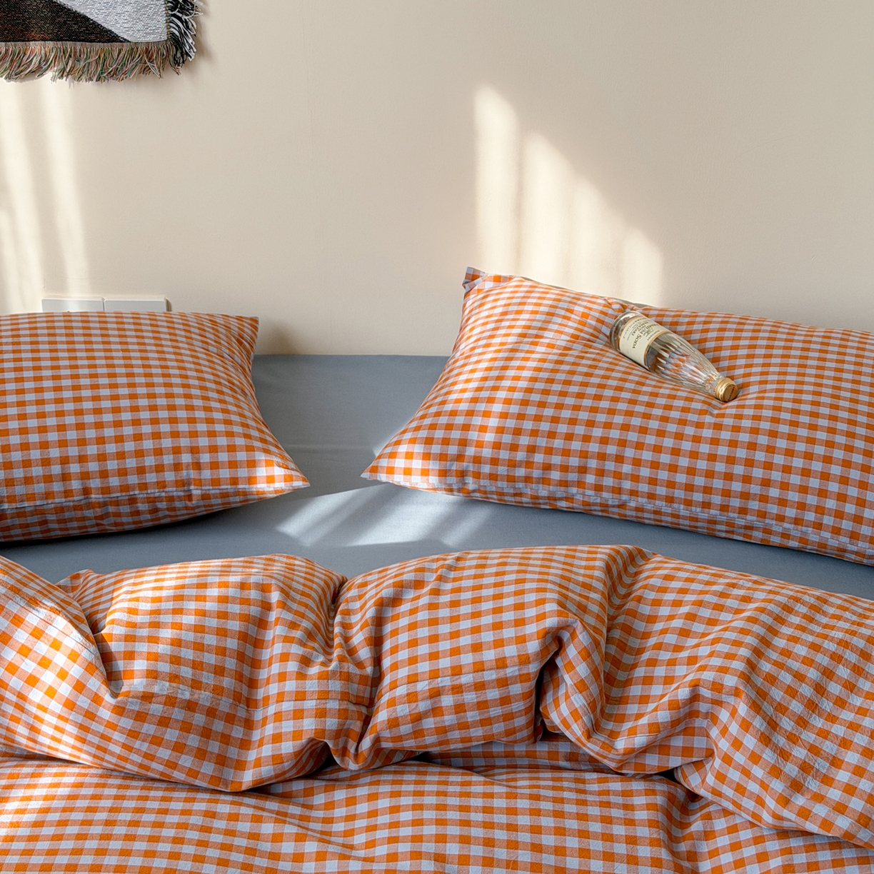 91家纺网 家纺一手货源 找家纺 例外 2026春夏新款全棉纯棉色织水洗棉四件套-布拉格（套件会员 -10） 布拉格-橘兰