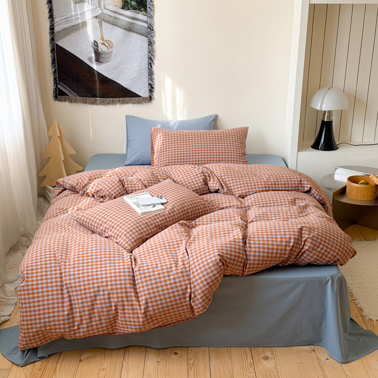 91家纺网 家纺一手货源 找家纺 例外 2026春夏新款全棉纯棉色织水洗棉四件套-布拉格（套件会员 -10） 布拉格-橘兰