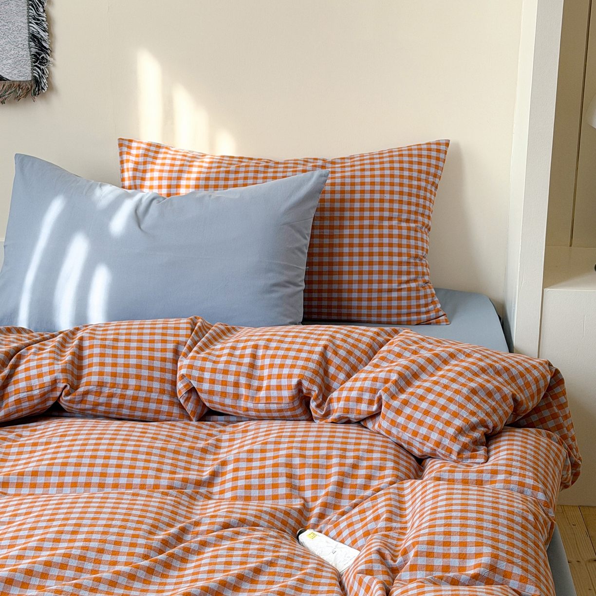 91家纺网 家纺一手货源 找家纺 例外 2026春夏新款全棉纯棉色织水洗棉四件套-布拉格（套件会员 -10） 布拉格-橘兰