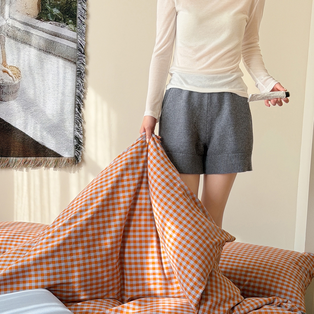 91家纺网 家纺一手货源 找家纺 例外 2026春夏新款全棉纯棉色织水洗棉四件套-布拉格（套件会员 -10） 布拉格-橘兰