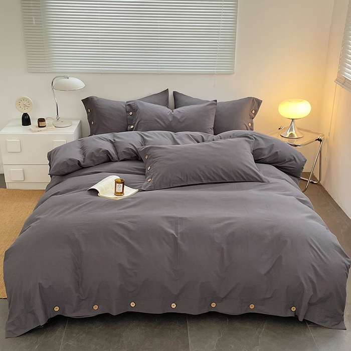 yyds网供 2026新款A类仿汉麻棉麻纽扣款四件套复古水洗棉无印风三件套酒店民宿 纽扣银幽灰