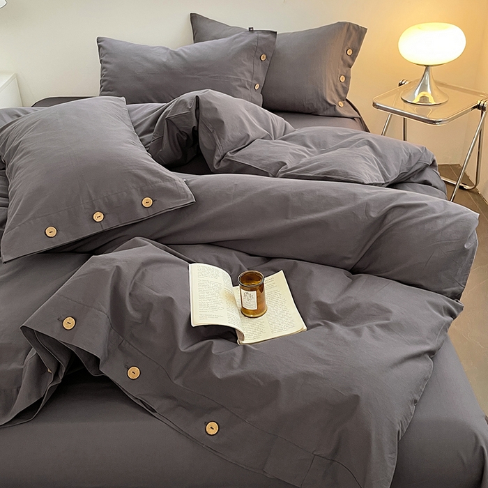 91家纺网 家纺一手货源 找家纺 yyds网供 2026新款A类仿汉麻棉麻纽扣款四件套复古水洗棉无印风三件套酒店民宿 纽扣银幽灰