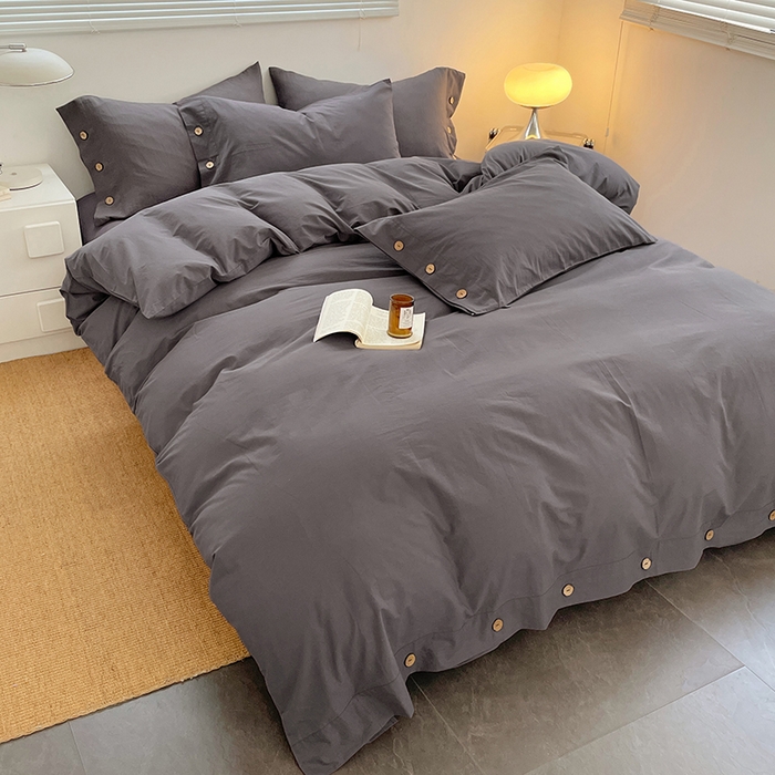 91家纺网 家纺一手货源 找家纺 yyds网供 2026新款A类仿汉麻棉麻纽扣款四件套复古水洗棉无印风三件套酒店民宿 纽扣银幽灰