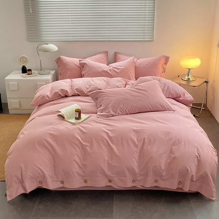 yyds网供 2026新款A类仿汉麻棉麻纽扣款四件套复古水洗棉无印风三件套酒店民宿 纽扣樱岚粉