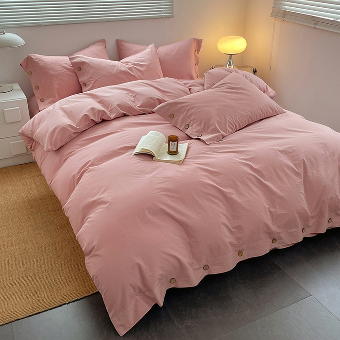 91家纺网 家纺一手货源 找家纺 yyds网供 2026新款A类仿汉麻棉麻纽扣款四件套复古水洗棉无印风三件套酒店民宿 纽扣樱岚粉