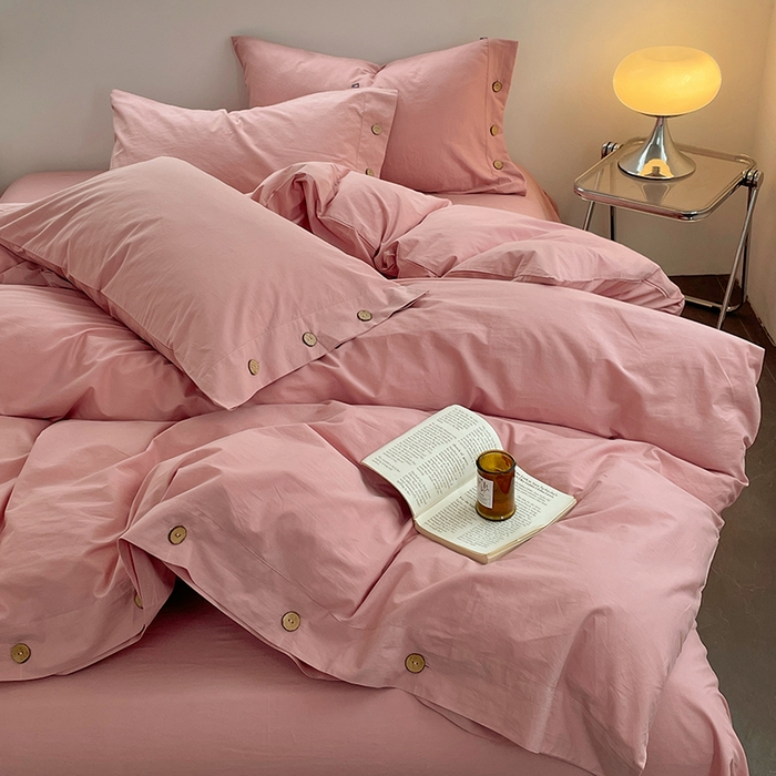 91家纺网 家纺一手货源 找家纺 yyds网供 2026新款A类仿汉麻棉麻纽扣款四件套复古水洗棉无印风三件套酒店民宿 纽扣樱岚粉