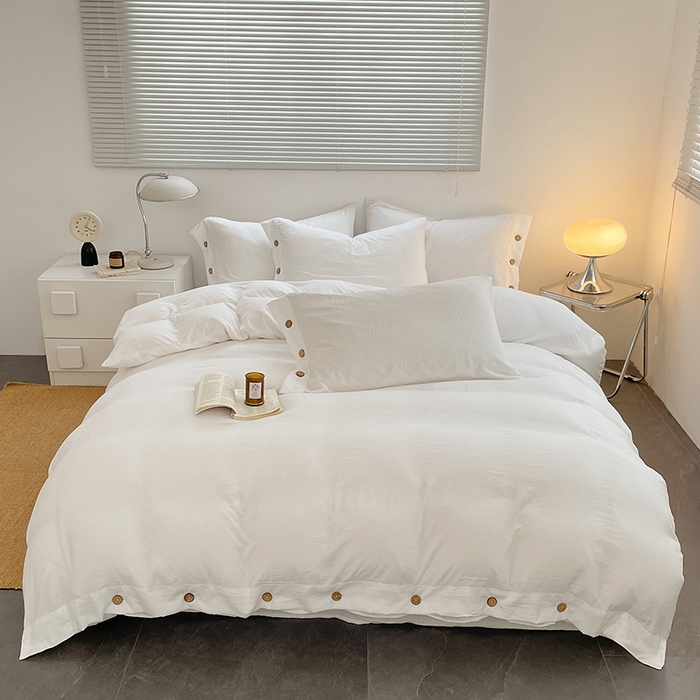 yyds网供 2026新款A类仿汉麻棉麻纽扣款四件套复古水洗棉无印风三件套酒店民宿 纽扣月光白